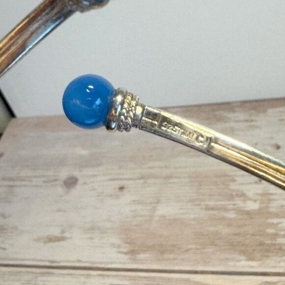 Sterling silver 925 Thai CI Bypass Bangle Bracelet Blue Tourmaline Stone Tips - Picture 3 of 8